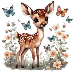 Op de afbeelding: Een schattig cartoon-hertje met bruine en witte vlekken staat in een veld met bloemen en vlinders. Het hertje heeft grote bruine ogen en een lieve uitdrukking. De bloemen zijn in tinten roze en oranje, en de vlinders zijn blauw en oranje.