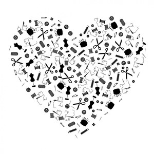 May include: Black and white illustration of sewing supplies arranged in the shape of a heart. The illustration includes scissors, thread spools, buttons, needles, pins, and a dress form.