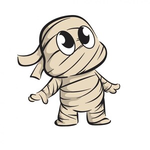 Può includere: Illustrazione di un personaggio mummia dei cartoni animati, avvolto in bende beige, con grandi occhi e braccia tese. L'illustrazione ha contorni neri ed è su sfondo bianco. Il design è amichevole e adatto a varie applicazioni.