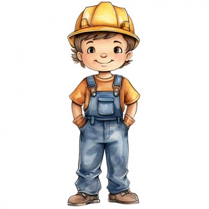 Può includere: Un'illustrazione di un bambino cartone animato che indossa un casco giallo e una tuta blu. Il bambino sorride e ha i capelli castani.