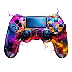 Op de afbeelding: Een kleurrijke PlayStation 4-controller met een levendig, abstract ontwerp. De controller is bedekt met spatten van roze, paarse, blauwe, gele en oranje verf.