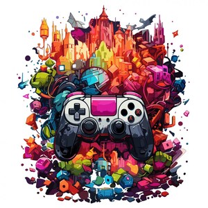 May include: A colorful, abstract background with a black and pink video game controller in the center. The background features a variety of shapes and colors, including red, orange, yellow, green, blue, and purple.