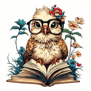 Könnte beinhalten: Eine braune und weiße Eule mit Brille und einer Blumenkrone sitzt auf einem offenen Buch mit bunten Blumen drumherum.