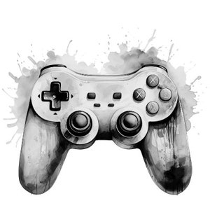 Pode incluir: Uma ilustração de aquarela em preto e branco de um controlador de videogame com botões e joysticks.