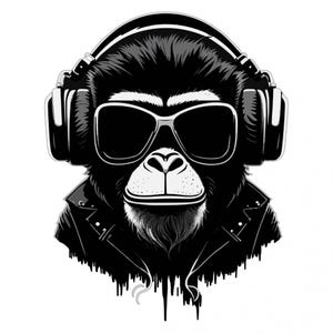 Op de afbeelding: Zwart-witte illustratie van een aap met een koptelefoon en zonnebril. De aap draagt ​​een leren jack en heeft een druppelend verf-effect.