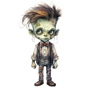 Könnte beinhalten: Eine Cartoon-Illustration eines Zombie-Jungen mit grüner Haut, braunen Haaren und einer Fliege. Er trägt ein weißes Hemd, eine Weste und Hosenträger. Er hat ein zerrissenes und schmutziges Aussehen, mit etwas Haut, die herunterhängt.