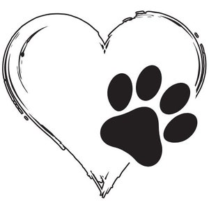 May include: A black paw print inside a white heart with a rough, hand-drawn outline.