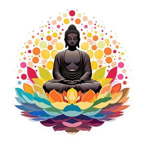Può includere: Una statua di Buddha nera che medita in posizione di loto su un fiore di loto colorato con uno sfondo di cerchi gialli, arancioni e rosa.