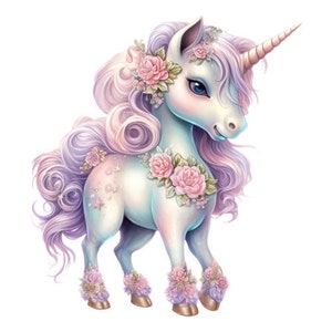 May include: A white unicorn with a pink and purple mane and tail. The unicorn has a gold horn and is adorned with pink flowers.