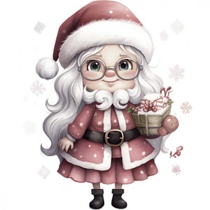Könnte beinhalten: Eine Cartoon-Illustration eines Weihnachtsmanns mit weißen Haaren und einer rot-weißen Weihnachtsmütze. Sie trägt ein rosa Kleid mit weißen Punkten und einen schwarzen Gürtel. Sie hält einen Korb mit verpackten Geschenken und hat einen weißen Bart.