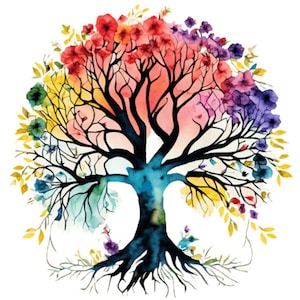 Può includere: Un dipinto ad acquerello di un albero con fiori colorati. L'albero ha un tronco spesso e rami che si estendono in tutte le direzioni. I fiori sono in tonalità di rosso, arancione, giallo, verde, blu e viola. L'albero è su uno sfondo bianco.