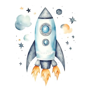 Può includere: Illustrazione ad acquerello di un razzo blu e argento con fiamme arancioni, circondato da stelle, nuvole e pianeti. Perfetto per l'arredamento dei bambini o progetti a tema spaziale.