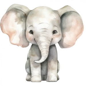 Könnte beinhalten: Aquarell-Illustration eines Baby-Elefanten. Der Elefant ist in sanften Grau- und Rosatönen dargestellt, mit großen Ohren und einem lächelnden Gesichtsausdruck. Das Kunstwerk hat eine sanfte, verspielte Ausstrahlung, ideal für Kinderzimmerdekoration.