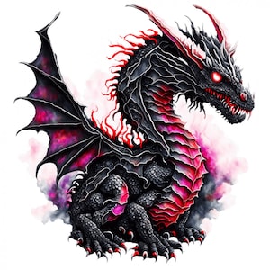 Könnte beinhalten: Ein schwarzer und roter Drache mit ausgebreiteten Flügeln. Der Drache hat einen grimmigen Ausdruck und scharfe Krallen. Der Hintergrund ist ein Aquarell in Rosa und Lila.