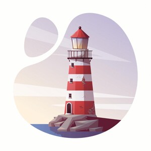 Könnte beinhalten: Ein rot-weiß gestreifter Leuchtturm mit einem weißen Licht oben, der auf einem felsigen Ausläufer im Meer steht. Der Leuchtturm ist von einem blauen Meer und einem bewölkten Himmel umgeben.
