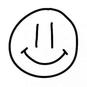 Può includere: Un semplice smiley in bianco e nero con un ampio sorriso e due occhi.