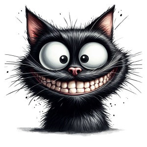 Könnte beinhalten: Eine schwarze Katze mit einem breiten, zahnigen Grinsen und großen, runden Augen. Das Fell der Katze ist flauschig und scheint im Cartoon-Stil gezeichnet zu sein.