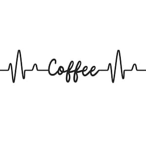 Pode incluir: Gráfico preto e branco de um batimento cardíaco com a palavra "Coffee" no meio.