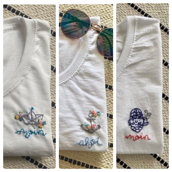 Lovingly embroidered T-shirt “Anchor”, “Sailor”, “Paper Boat” / women's shirt with a round neckline, hand-embroidered