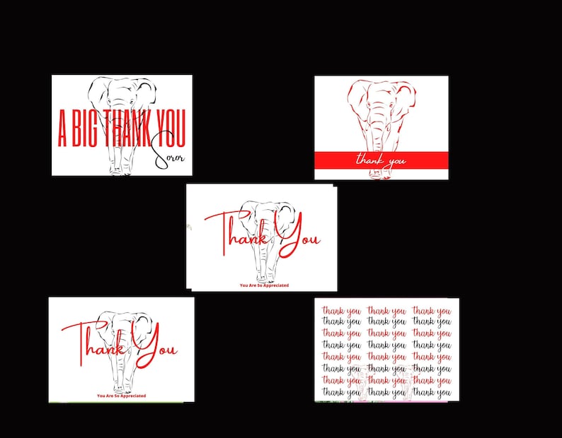 May include: A selection of thank you cards featuring a red and white elephant design. The cards display the words "Thank You" and "A Big Thank You" in red, accompanied by an elephant illustration.