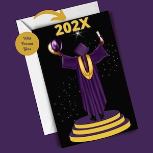 May include: A graduation card with a black background and a purple-robed graduate holding a diploma and a balloon. The text "202X" is at the top of the card, with a star above it. The card has a gold border and a gold star pattern.