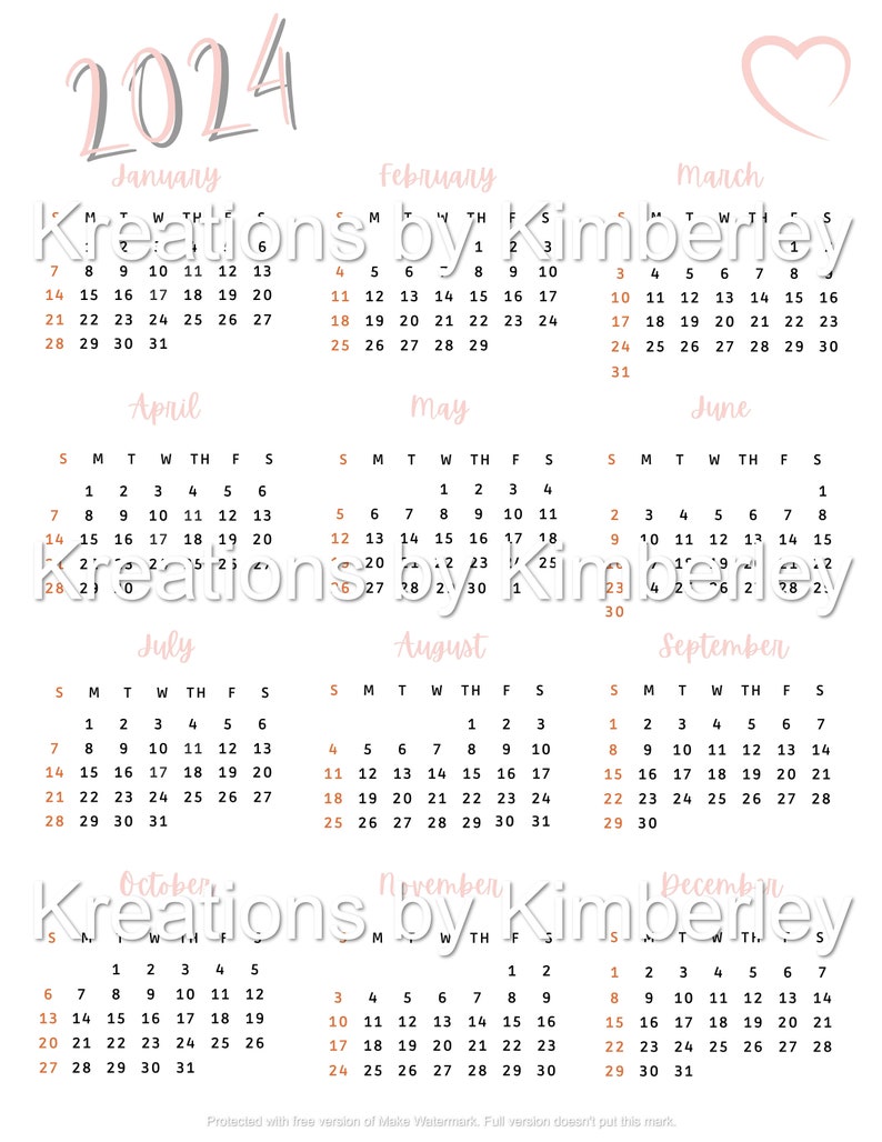 Editable 2024 Calendar 1 Page Template 2024 Calendar Canva - Etsy