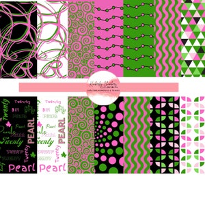 Könnte beinhalten: Digitales Papierpaket mit 10 verschiedenen Mustern in Pink, Grün und Schwarz. Die Muster umfassen Wirbel, Punkte, Wellen und geometrische Formen. Der Text "Twenty" und "Pearl" wird in verschiedenen Schriftarten und Größen wiederholt.