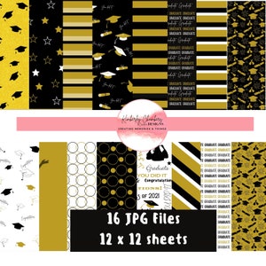 May include: 16 digital papers in a black and gold color scheme with graduation cap, star, and confetti designs. The papers are 12x12 inches.