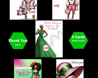 May include: A collection of "Thank You" greeting cards featuring illustrations of stylish women in various outfits. The cards have text that reads "Dreams Do Come True," "Words Cannot Express My Gratitude," and "Thank You." The pack includes 5 blank cards.