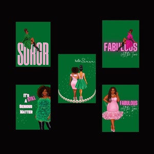 May include: Five digital illustrations featuring women in green and pink dresses with text that reads "SUKOR", "hello Sarar", "FABULOUS All the Time", "IT'S STILL A SERIOUS MATTER", and "FABULOUS All the Time".