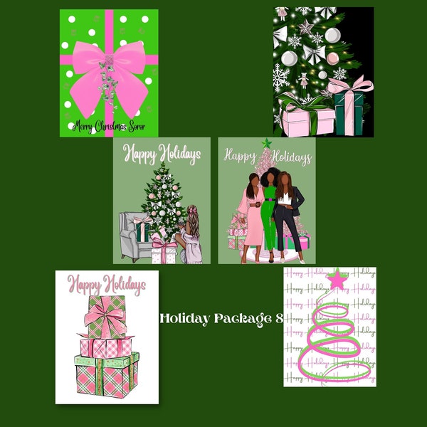 Holiday Package  8 - Pink and Green Holiday Christmas Notecards, African American Cards, Black Expressions