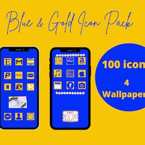 May include: A blue and gold phone icon pack with 100 icons and 4 wallpapers. The icons are displayed on a blue background with gold outlines. The text "100 icons" and "4 Wallpapers" is in gold on a blue circle.