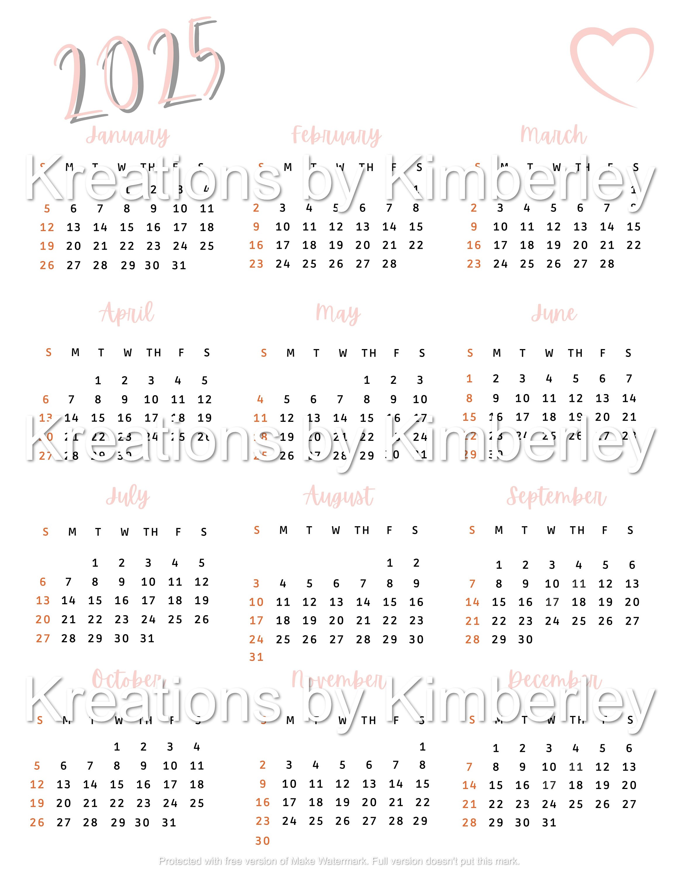 2021 2025 Calendar 1Page Editable in Canva Bundle 2021 Etsy