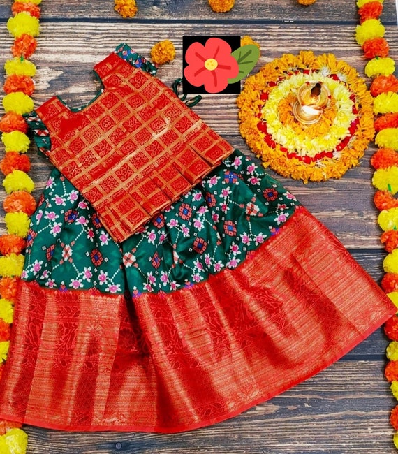 Mum mother daughter Girls pattu kanjivaram maggam work  langa lehenga pavadai ethnic wear dress top skirt jute banarasi silk with dupatta Clothing Unisex Kids Clothing Tops & Tees 