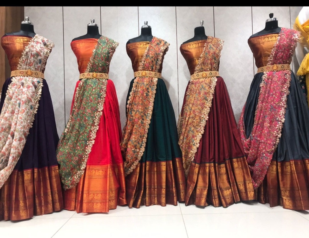 Half Saree South Indian Langa Voni Pure Cotton Kalamkari Style - Etsy Israel Half Saree South Indian Langa Voni Pure Cotton Kalamkari Style - Etsy Israel