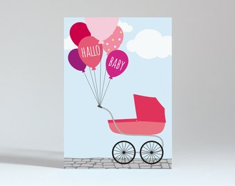 Postkarte "Hallo Baby Ballons pink"