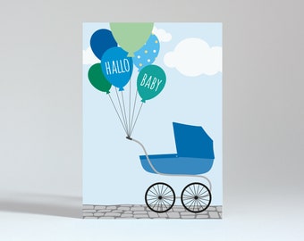 Postkarte "Hallo Baby Ballons blau"