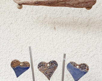 Wind chime mobile blue hearts ceramic driftwood restlessness gift Mother's Day