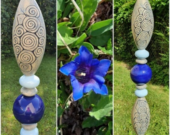 Gartenstele Gartenkeramik Gartendekoration Beetstecker Keramikstele in blau