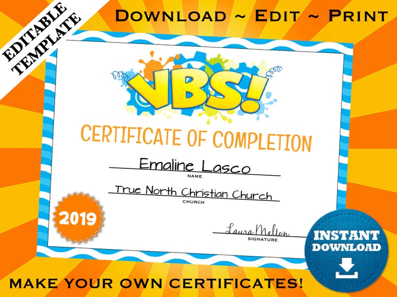 VBS Vacation Bible School Certificate of Completion Editable Etsy