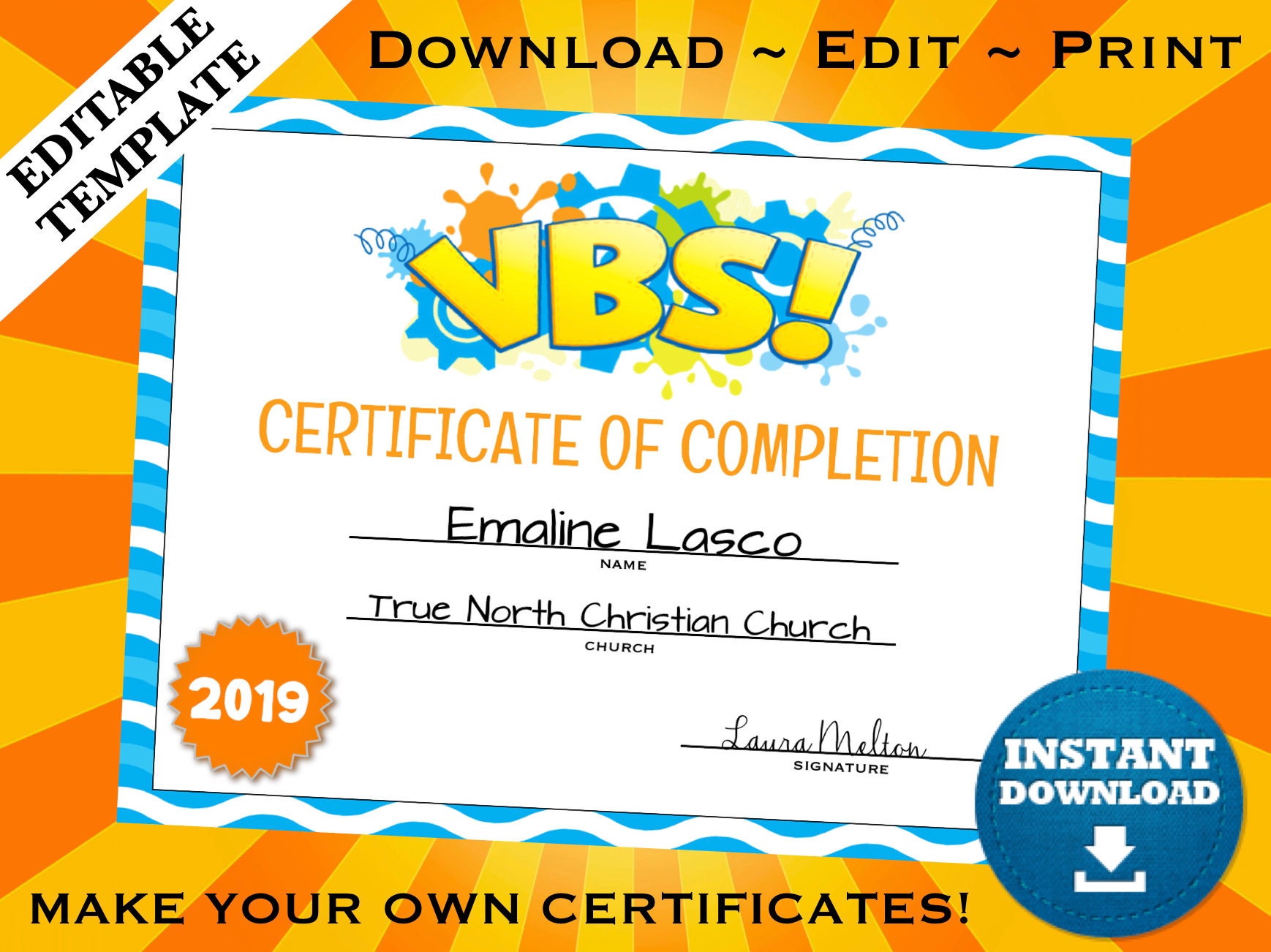 VBS Vacation Bible School Certificate of Completion Editable  Etsy In Vbs Certificate Template