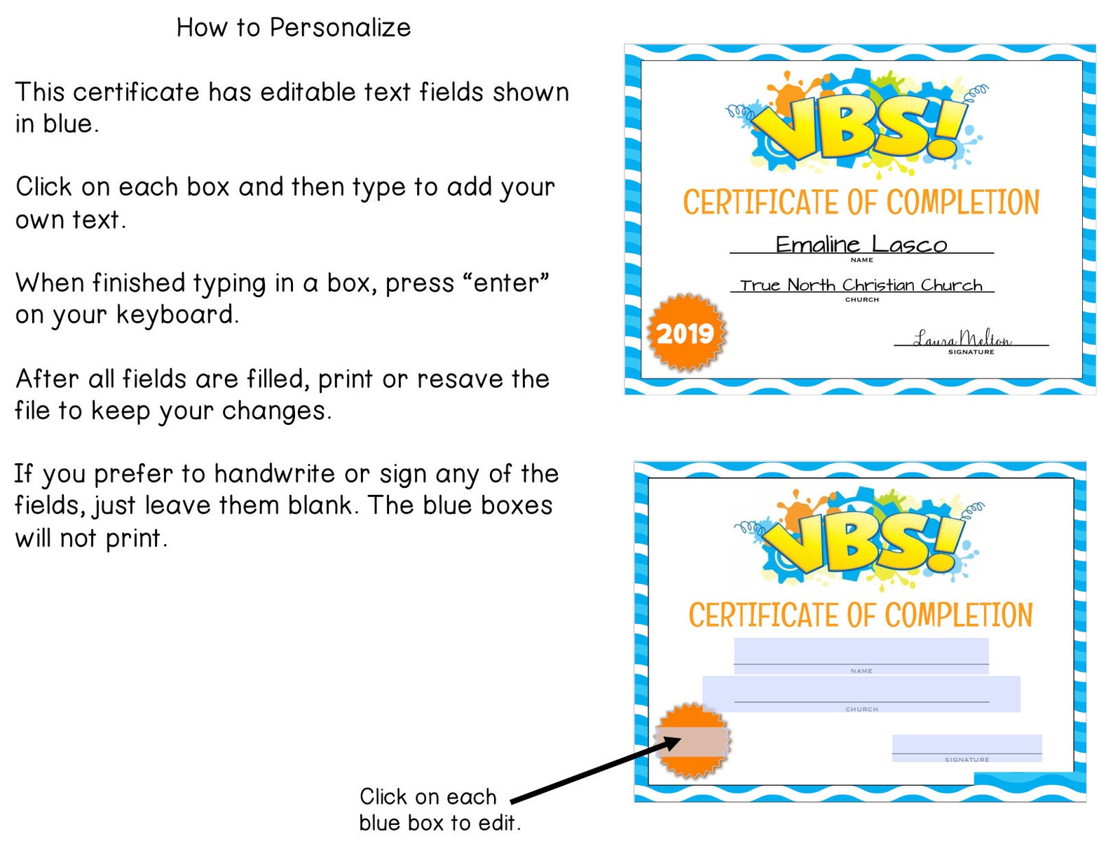 Vbs vacation bible school certificate of completion editable etsy