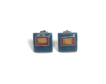 Silver stud earrings with enamel, geometric earrings, enamel stud earrings, geometric silver earrings, retro jewelry