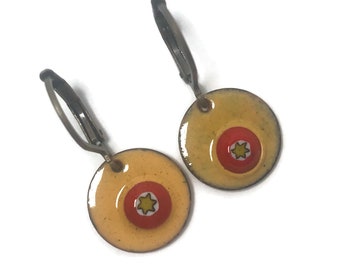 Millefiori earrings made of copper and enamel Hoop earrings in honey yellow Retro look for women Earrings enamel in vintage style