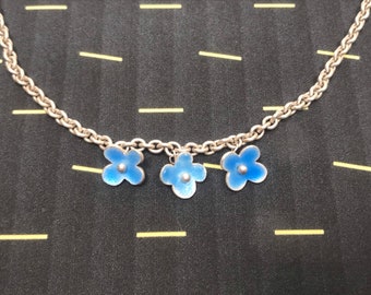 Delicate necklace made of sterling silver with light blue enamelled flowers Anchor chain made of silver with enamel flower in vintage look