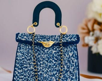 Luxury Crochet Handbag, Blue Tweed Style Purse, Handmade Knit Tote, Gold Chain Shoulder Bag, Elegant Designer Inspired Bag