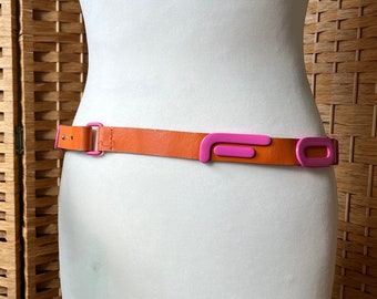 Vintage FORNARINA Y2K orange & pink leather belt with metal logo hardware M L 32-34"