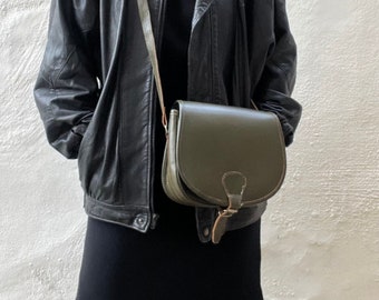 1970s olive green real leather saddle bag, shoulder bag, mini satchel, boho handbag