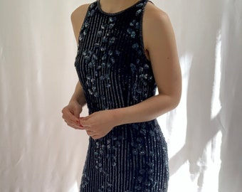Stunning 1990s navy sequinned bodycon dress by Roots size 8 XS