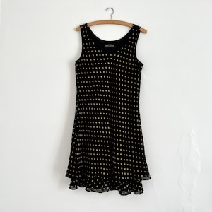 1990s chic black mustard yellow abstract arty polkadot midi slip dress, size S 8 10 12